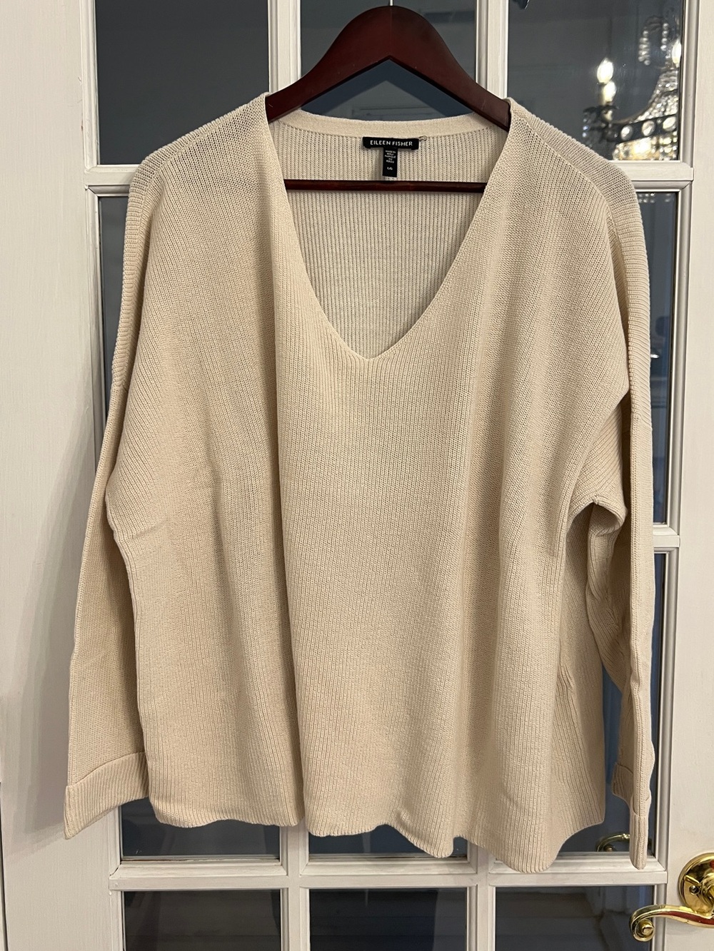 EILEEN FISHER Women’s Cream Organic Cotton V Neck Oversized Sweater L
